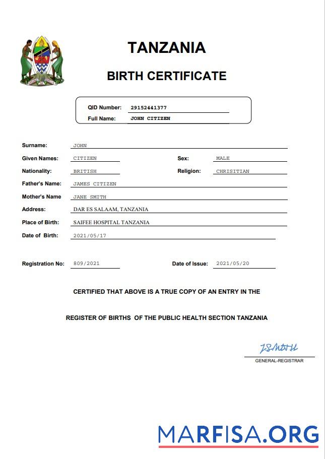 Downloadable Tanzania birth certificate Word and PDF template